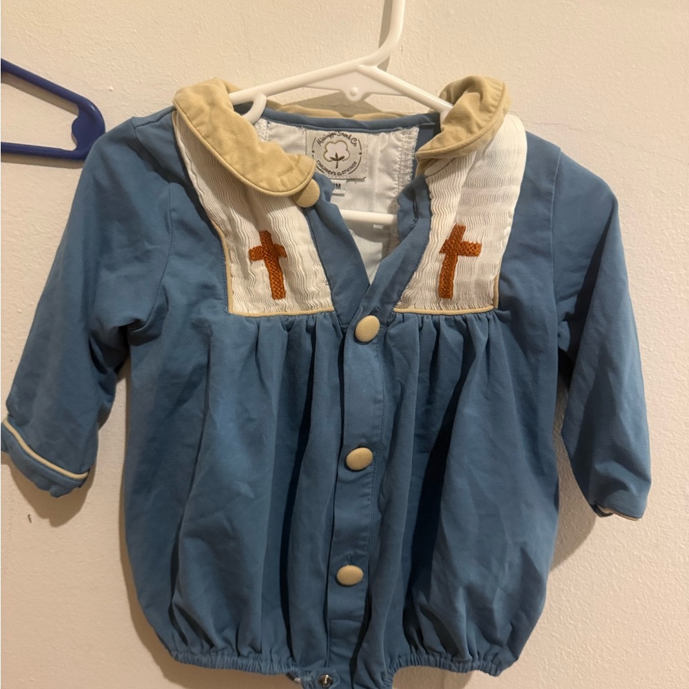 Unbranded Blue & Cream Baby Button-Front with Cross Embroidery bubble with socks